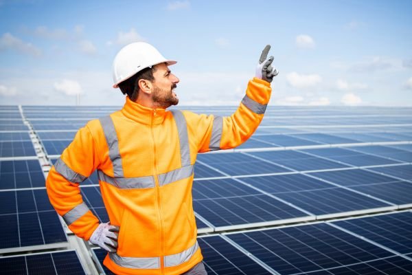 Solar panels being cleaned and maintained on a roof