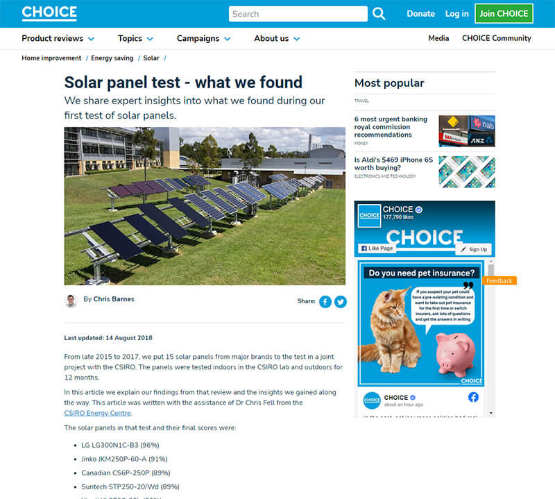 LG Solar Panels Rating by Choice Magazine